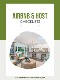 This is the front cover of the ebook 'Airbnb Host Checklists'. It shows a picture of a very stylish seating area and kitchen.