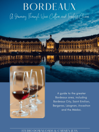 This is a picture of the front cover of our Bordeaux Travel Ebook. It shows the famous 'Miroir d'eau' (Mirror of water) and the buildings behind at dusk. There is an inset picture of three glasses of red wine.